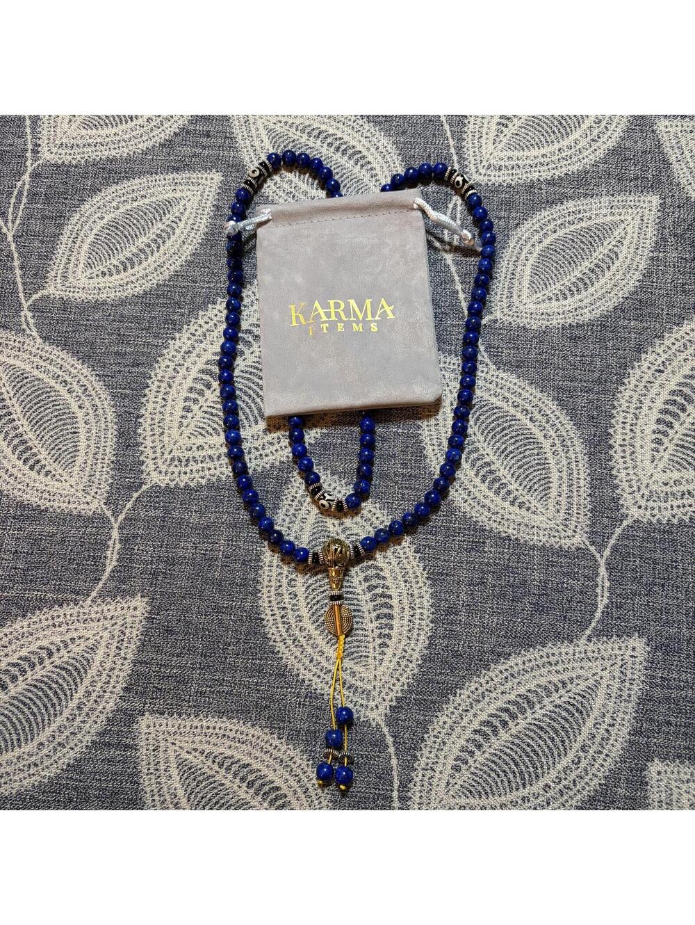 Blue Beaded Tassel Necklace with Drawstring Pouch